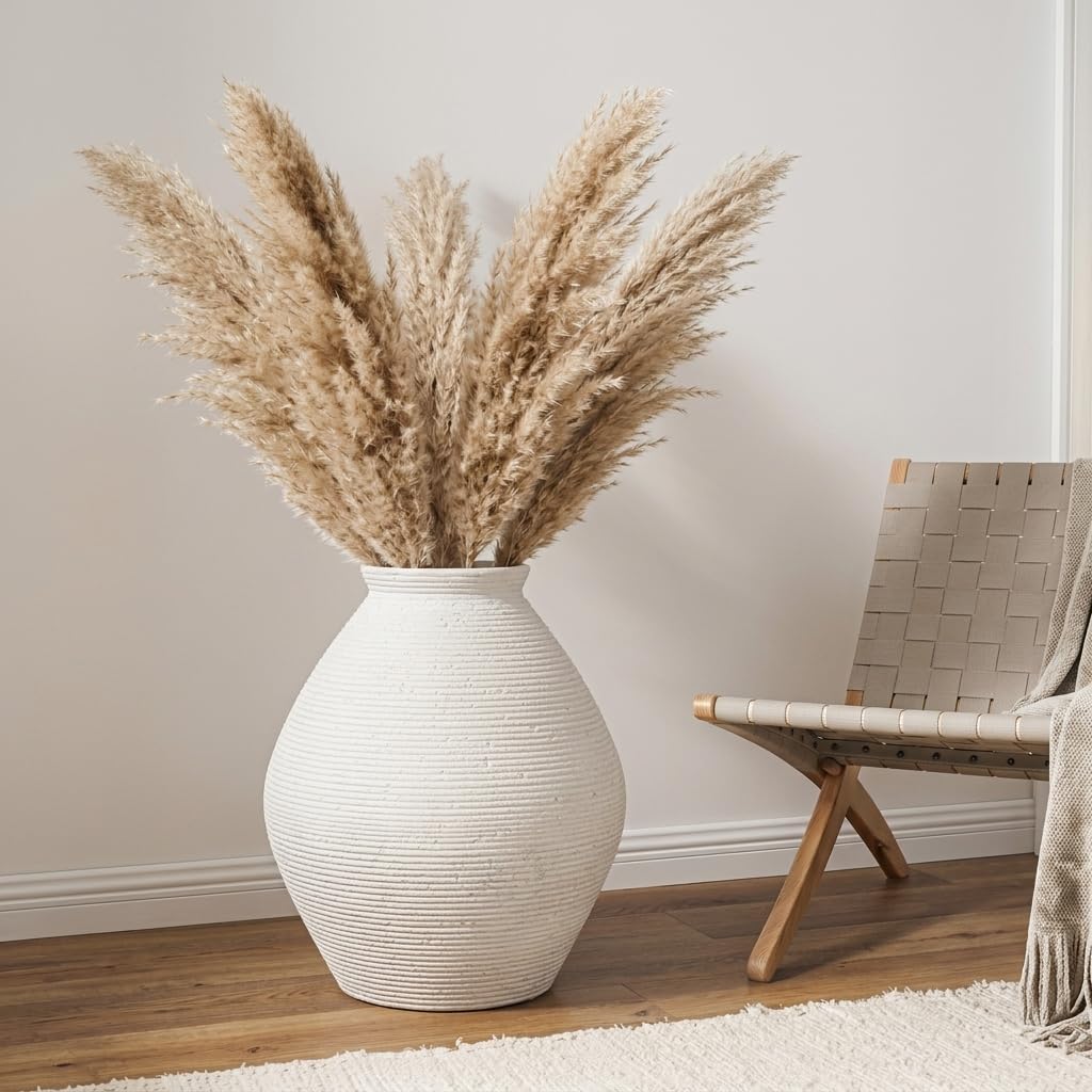 Distressed Ribbed White Ceramic Vase