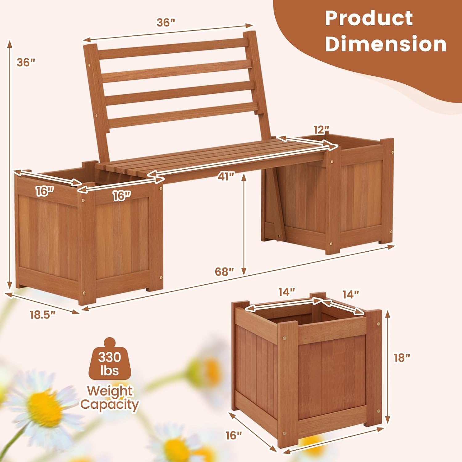 Wood Bench With Raised Planters