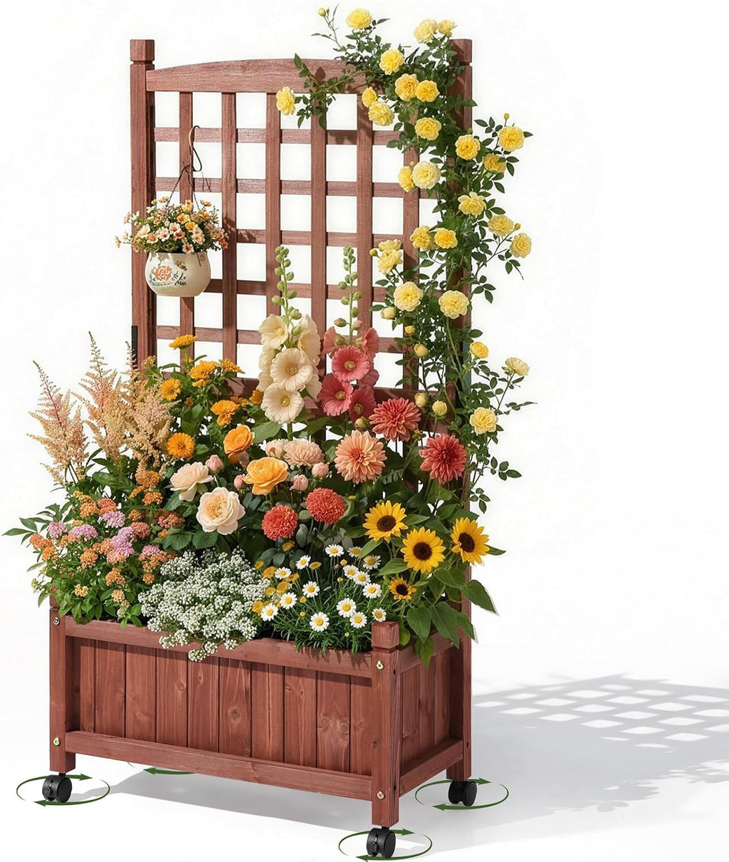 Wooden Wheeled Planter with Trellis