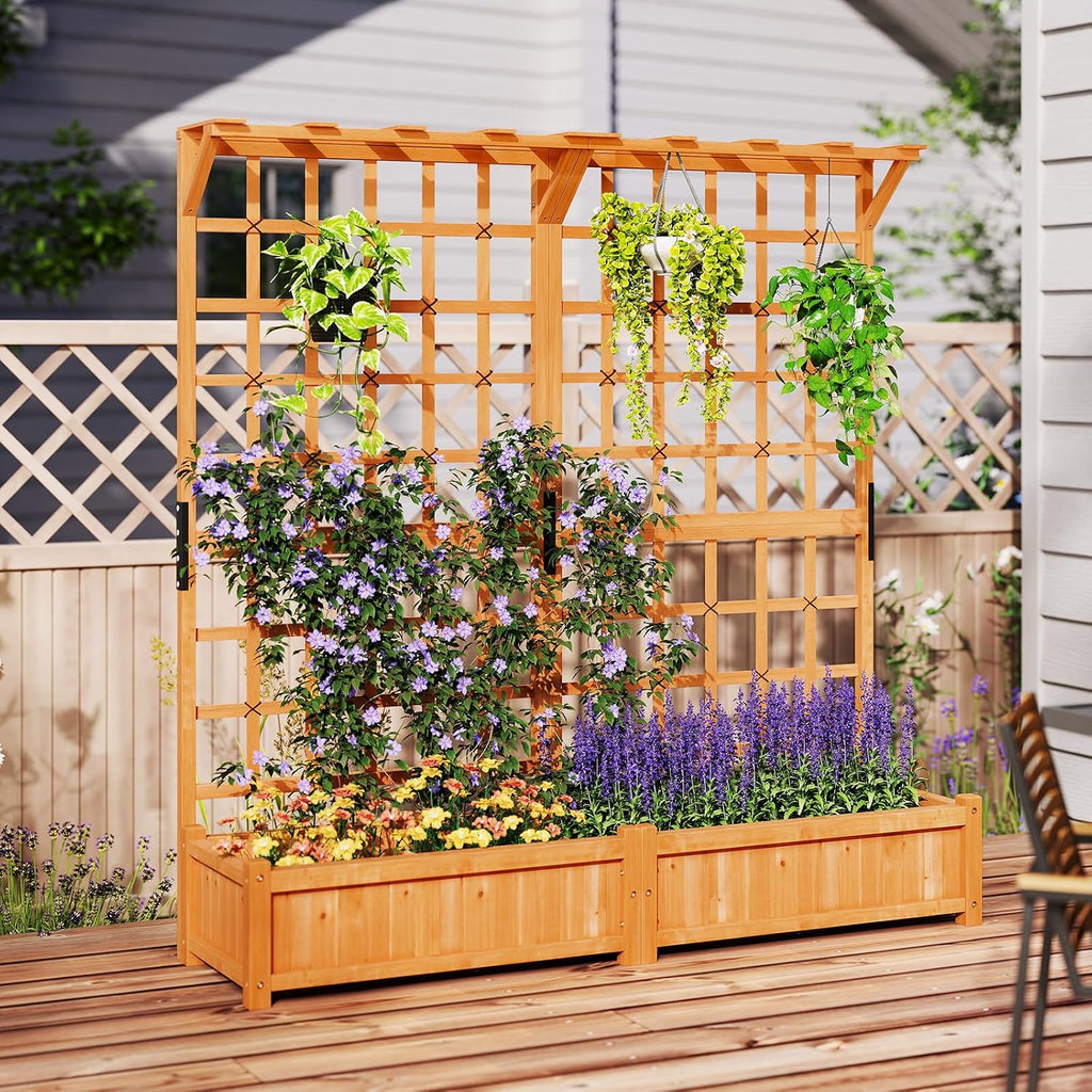 Wooden Raised Bed with Trellis Roof