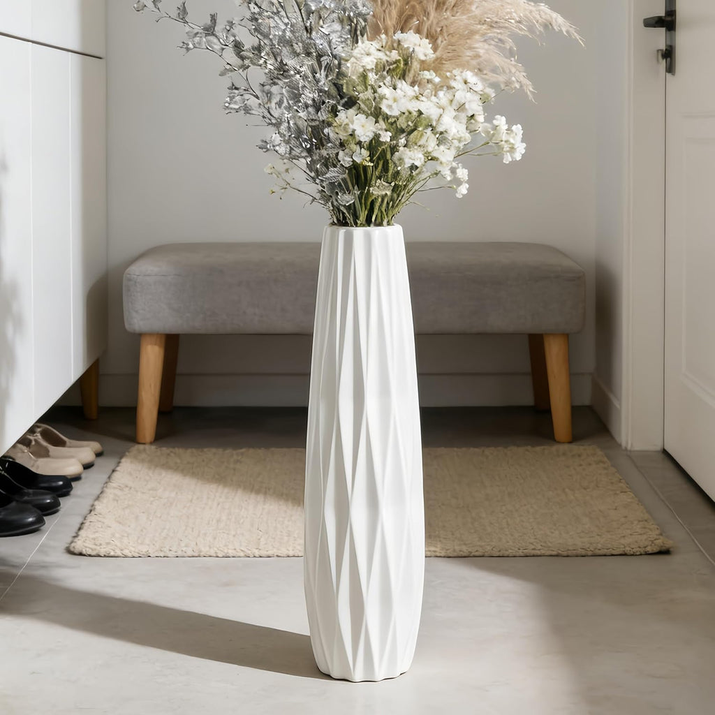 White Ribbed Ceramic Floor Vase