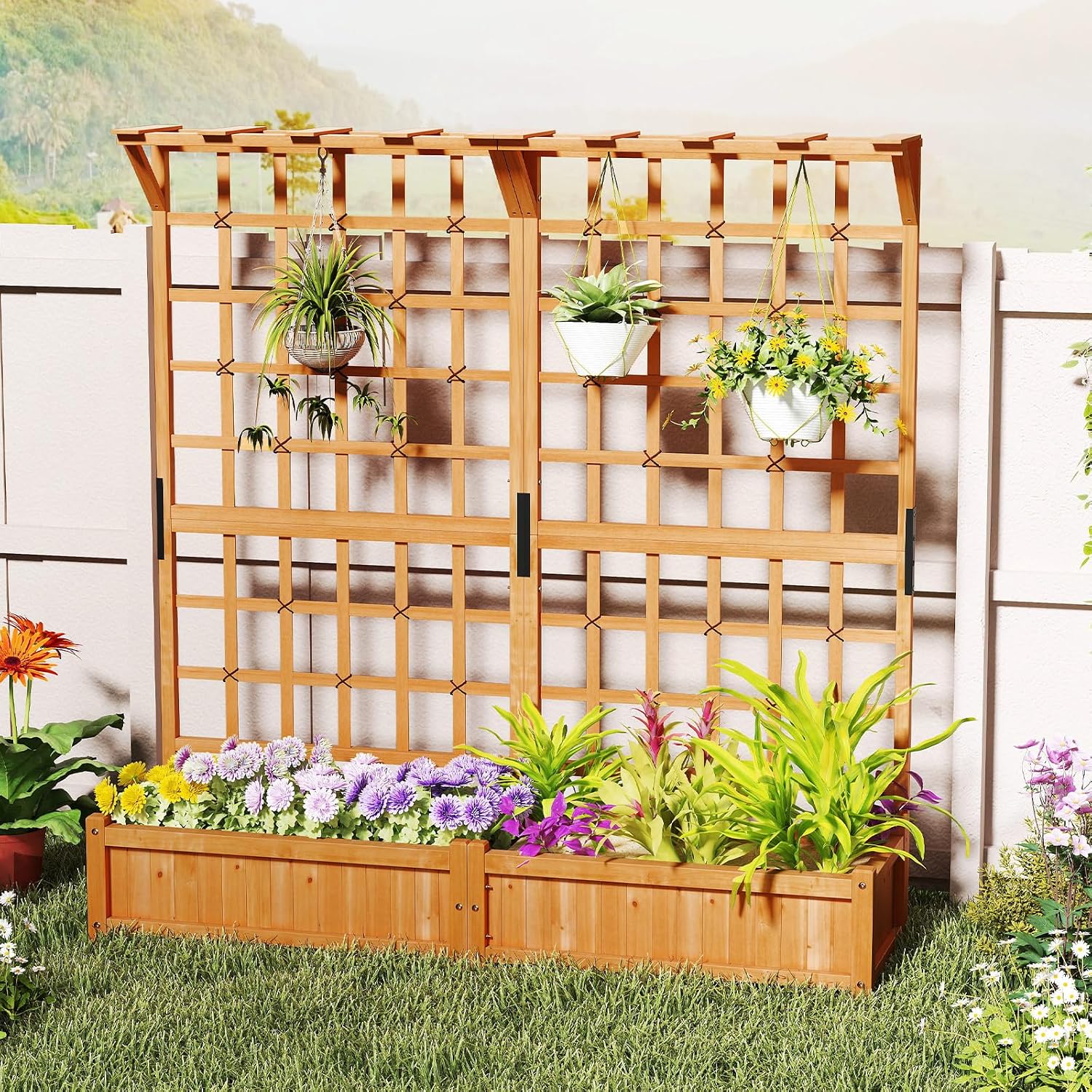 Wooden Raised Bed Lattice Trellis