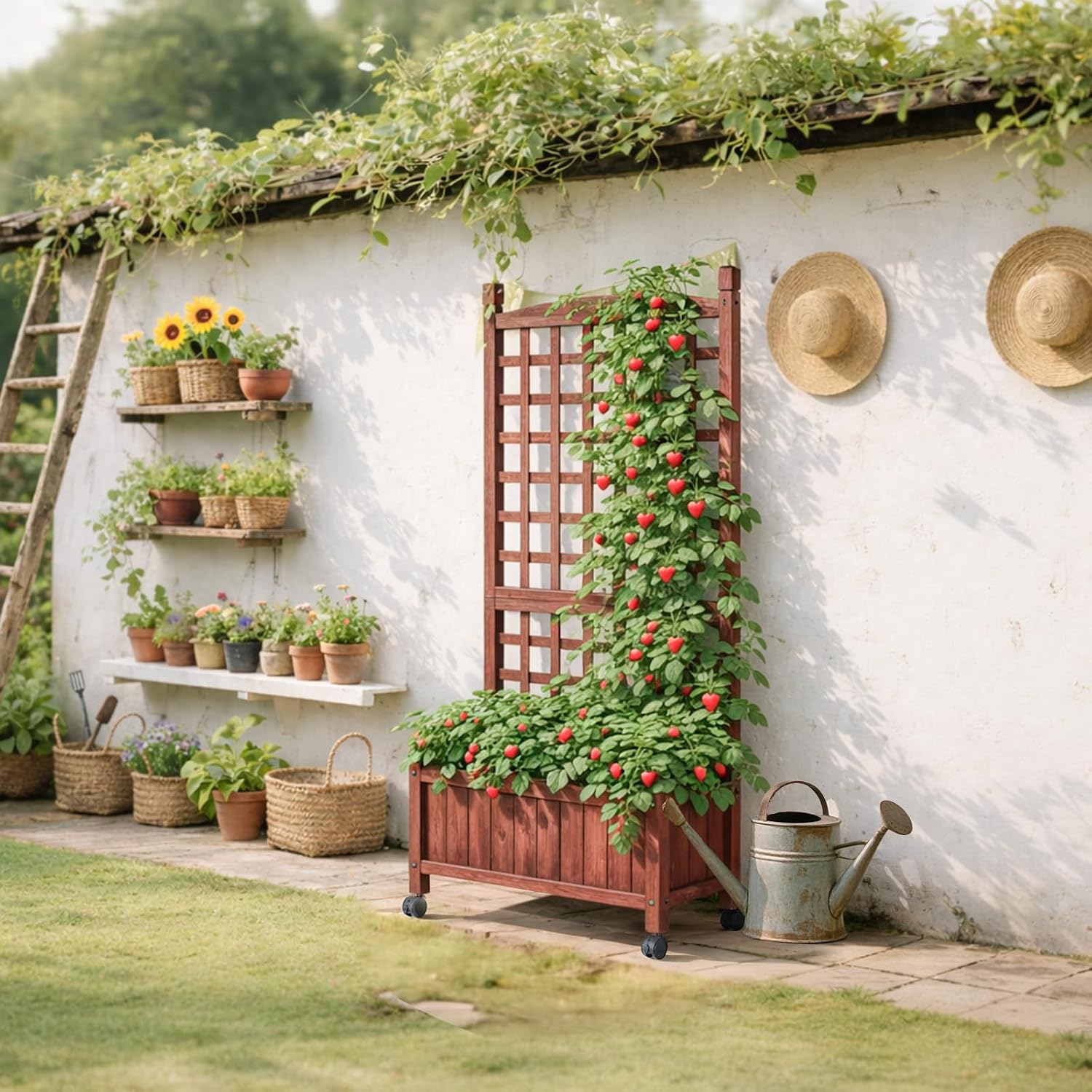 Wooden Wheeled Planter with Trellis