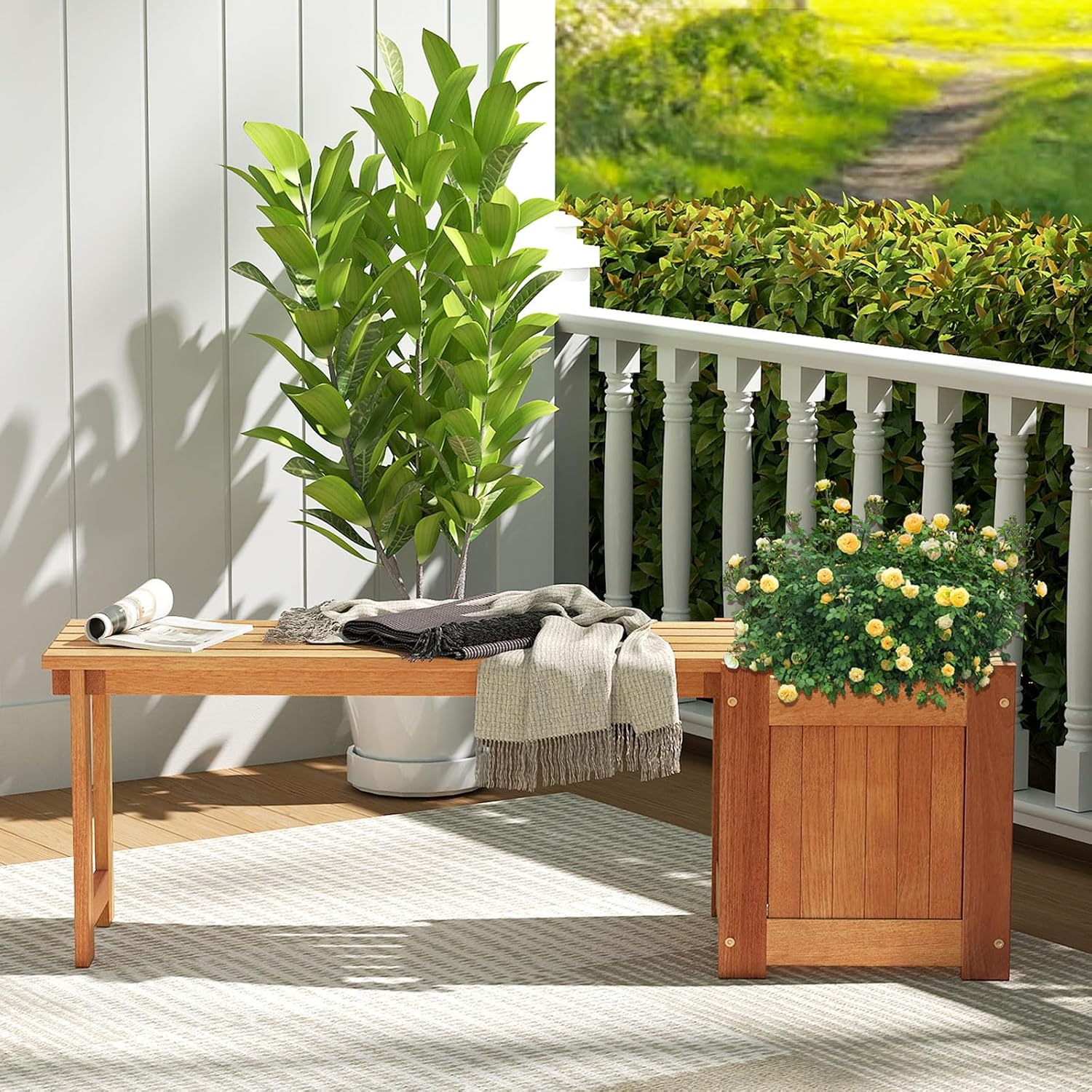 Wood Bench With Planter Boxes