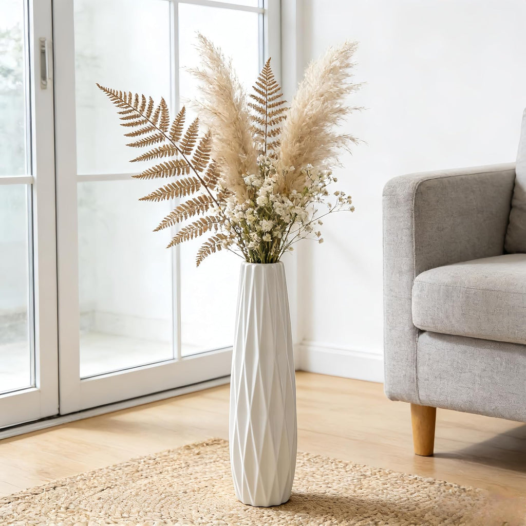 White Ribbed Ceramic Floor Vase