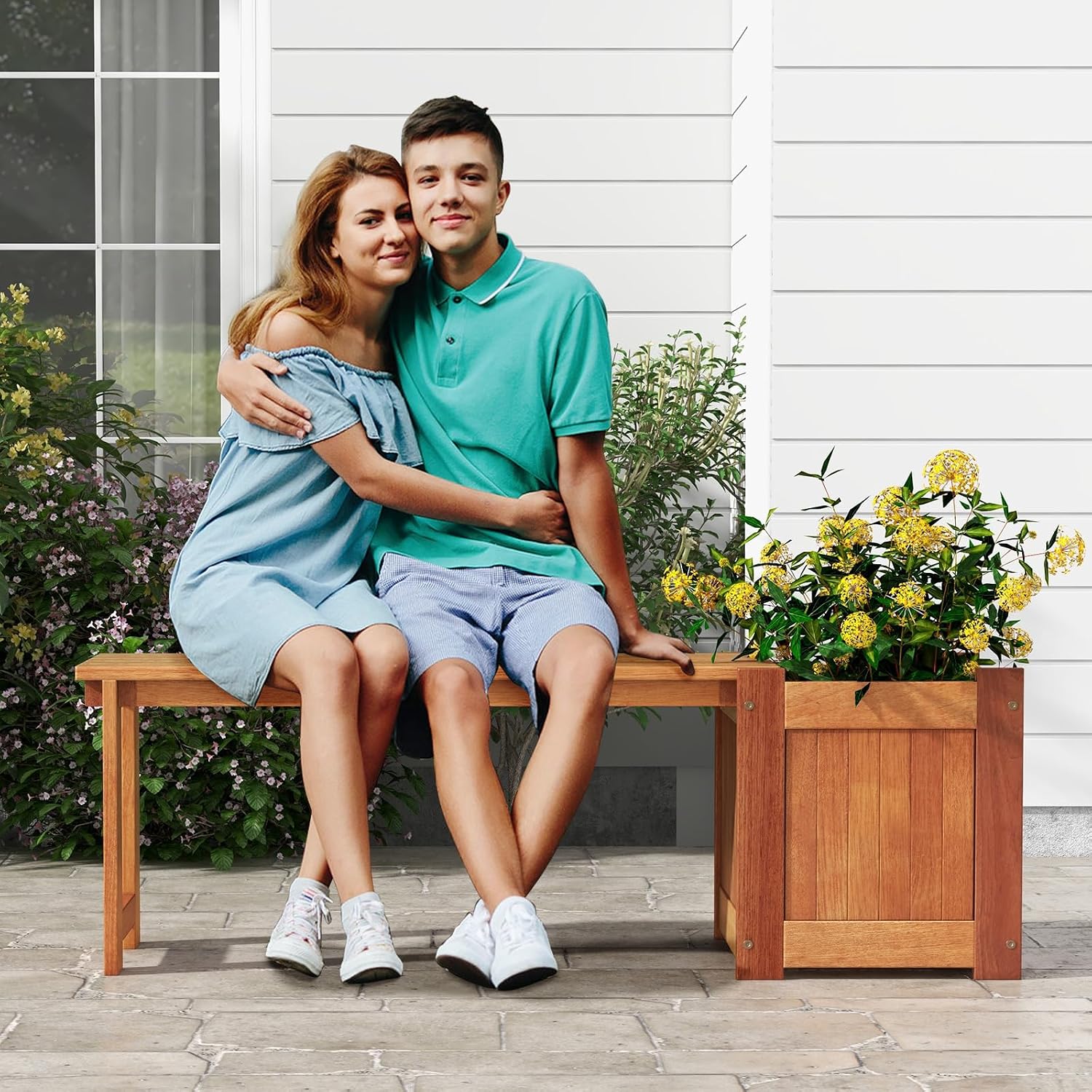 Wood Bench With Planter Boxes