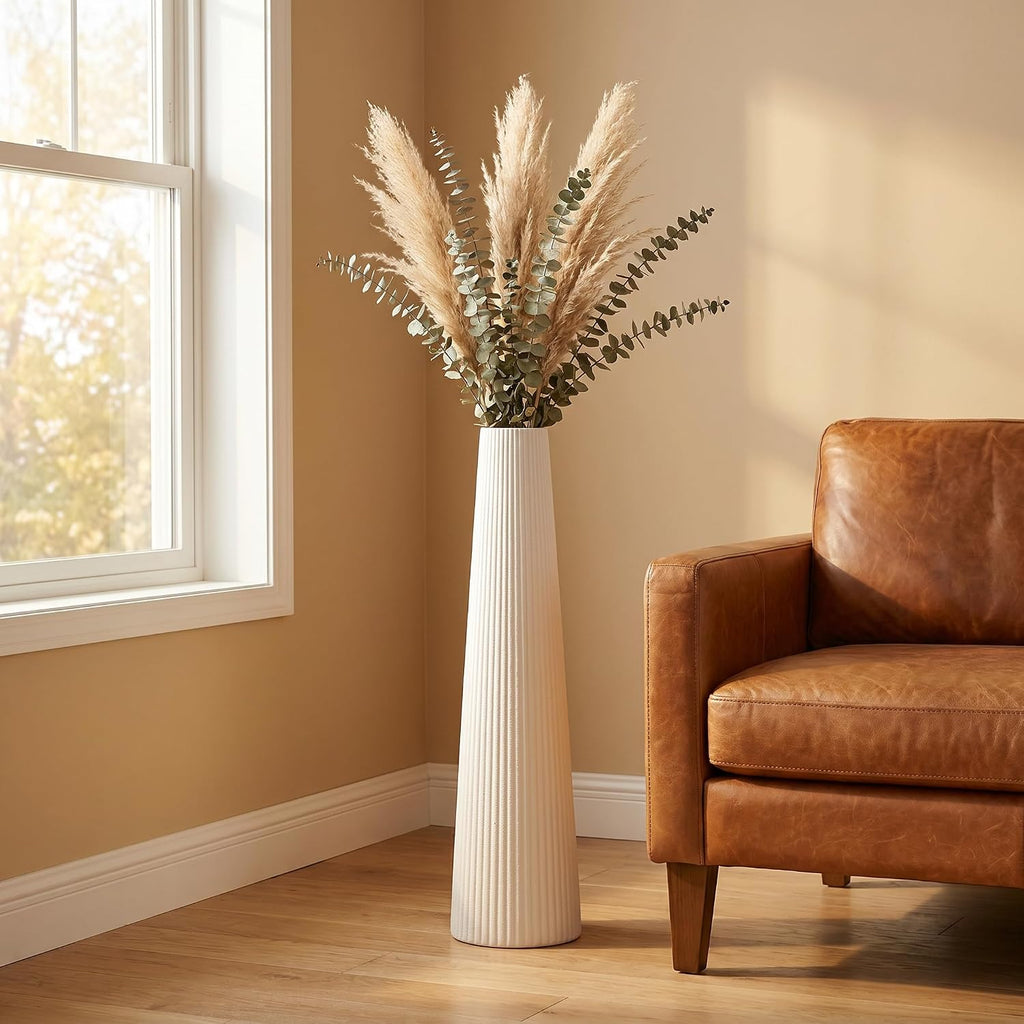 Ribbed Off-White Ceramic Vase