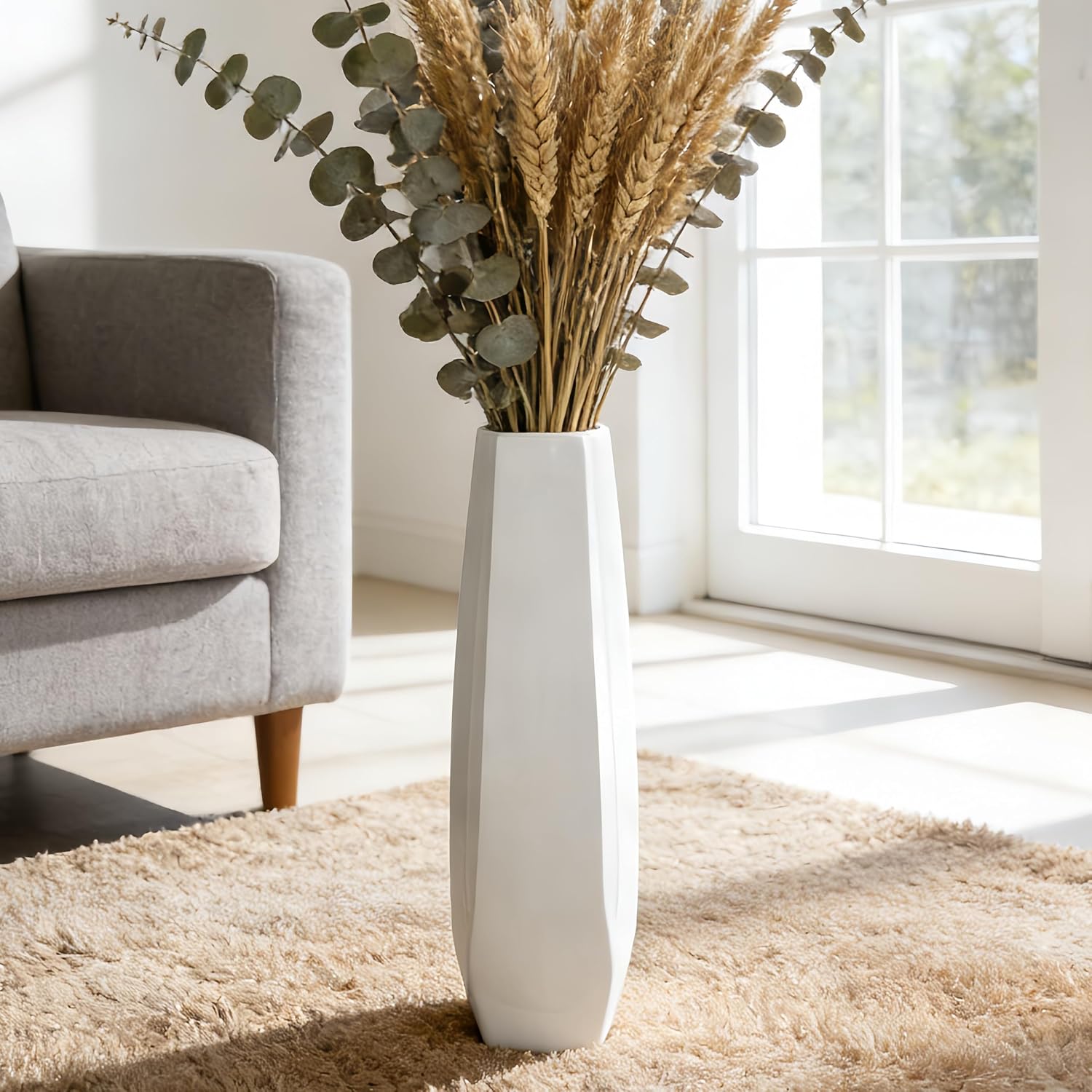 White Hexagonal Ceramic Floor Vase
