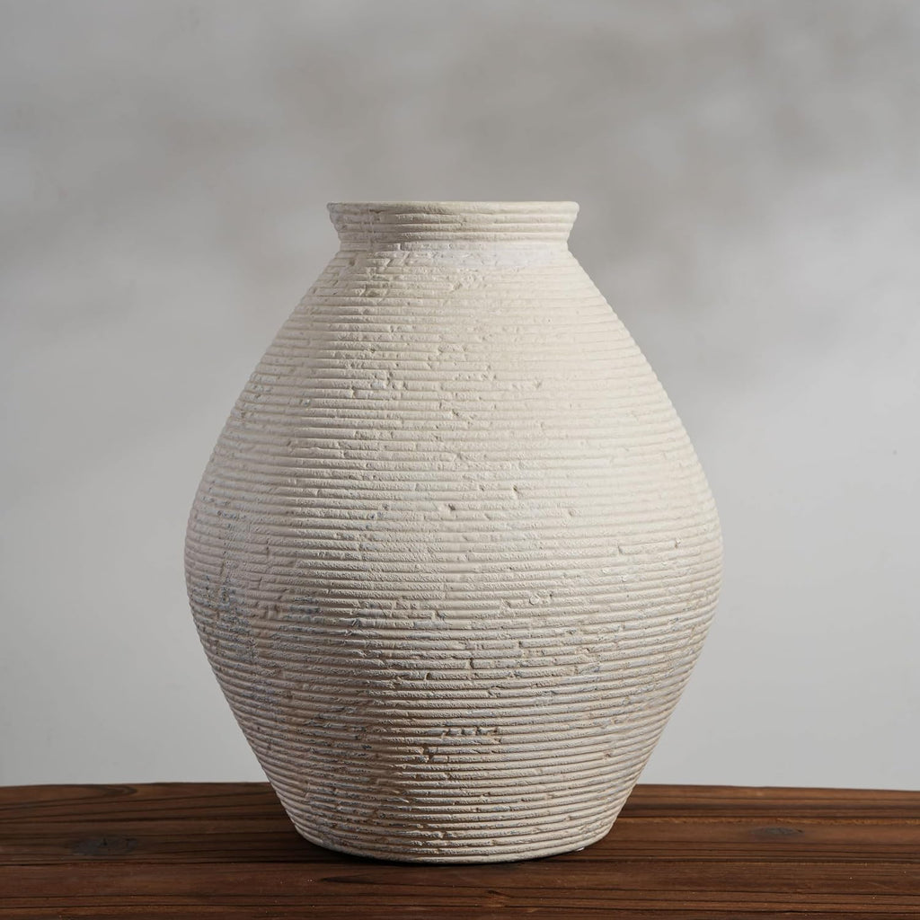 Distressed Ribbed White Ceramic Vase