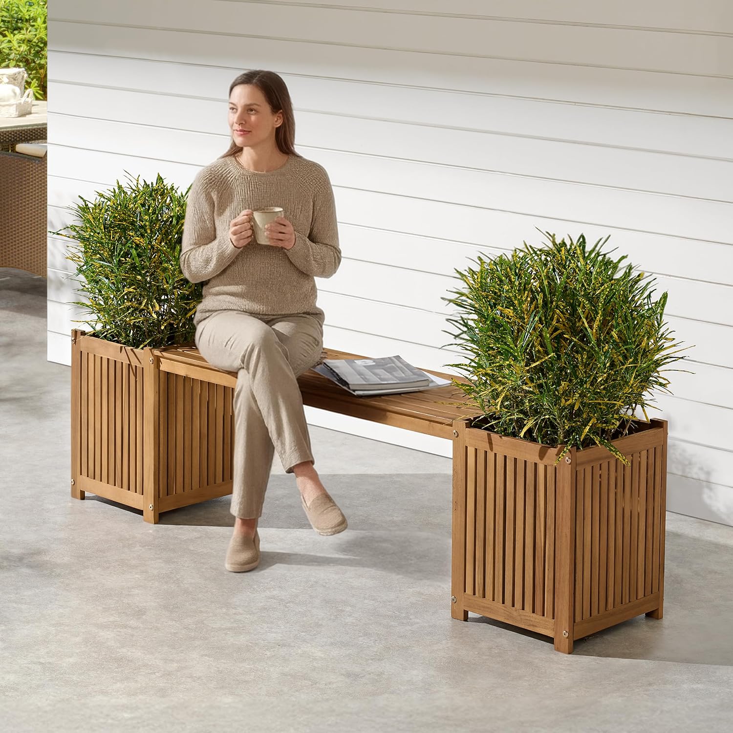 Acacia Wood Bench with Planter Boxes