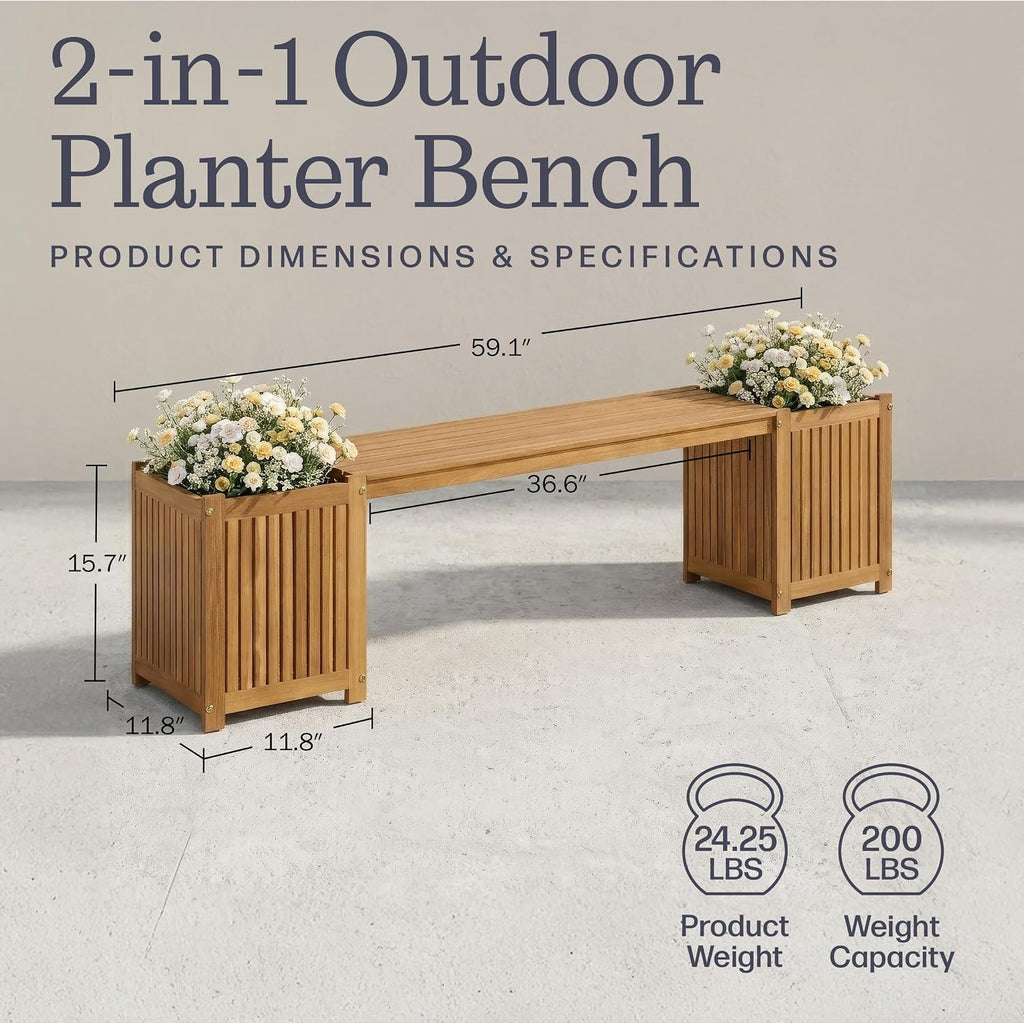Acacia Wood Bench with Planter Boxes