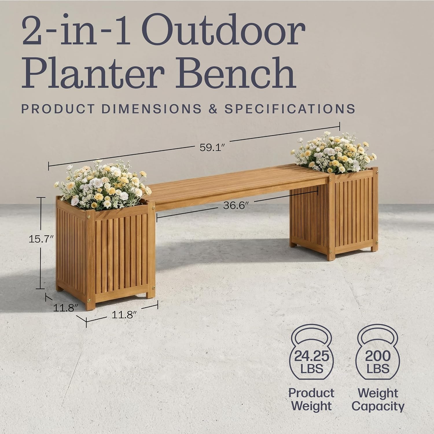 Acacia Wood Bench with Planter Boxes