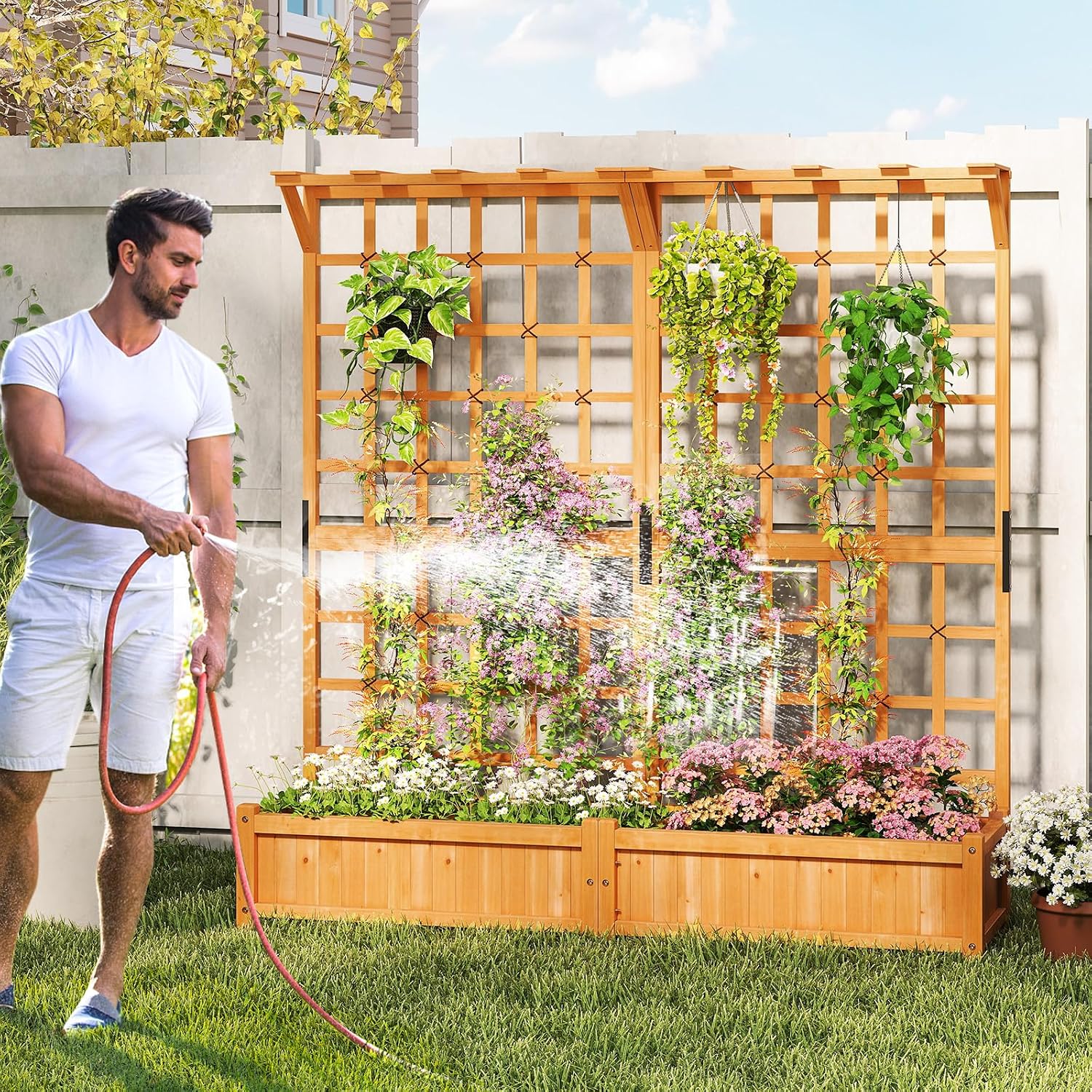 Wooden Raised Bed with Trellis Roof