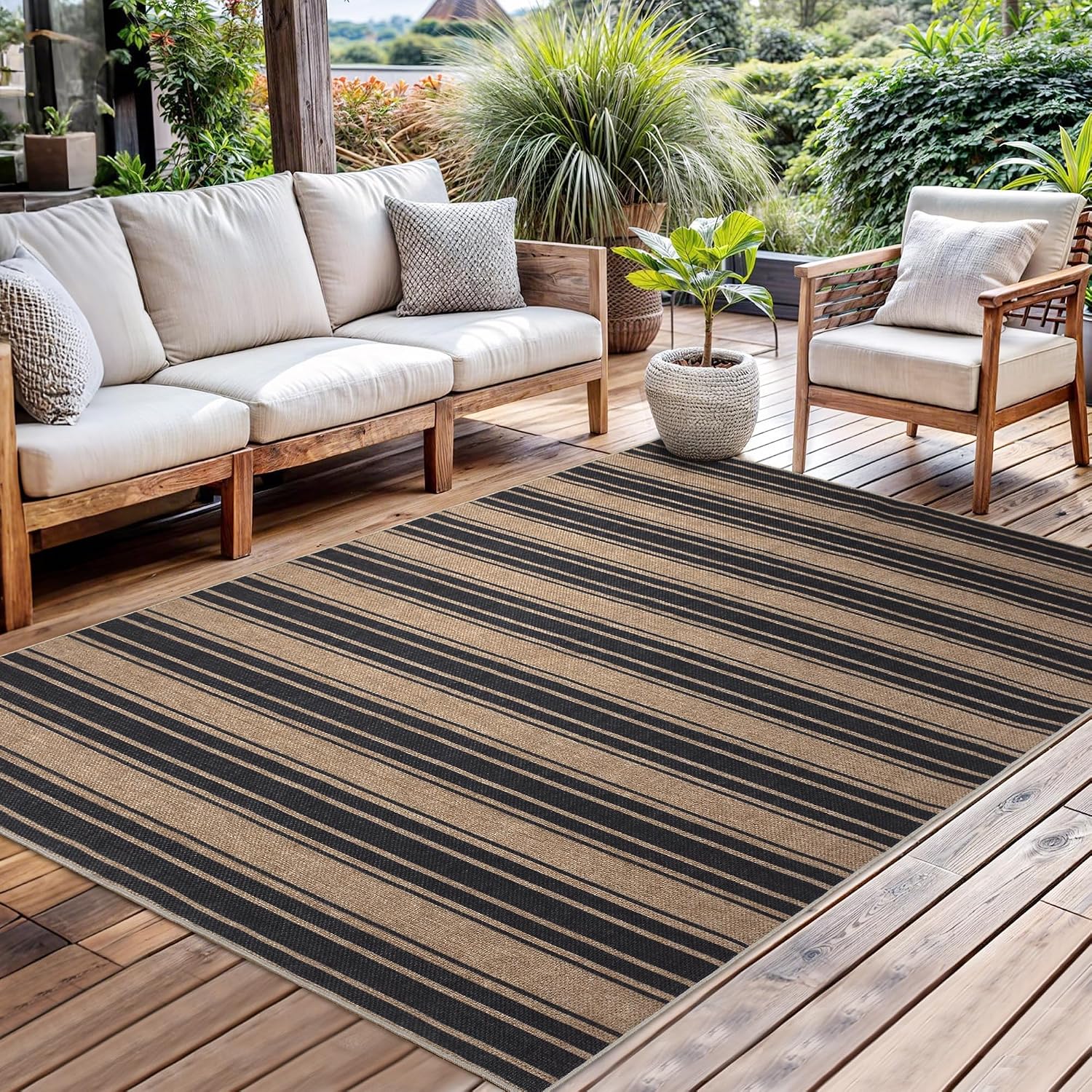 Striped Neutral Jute Outdoor Rug