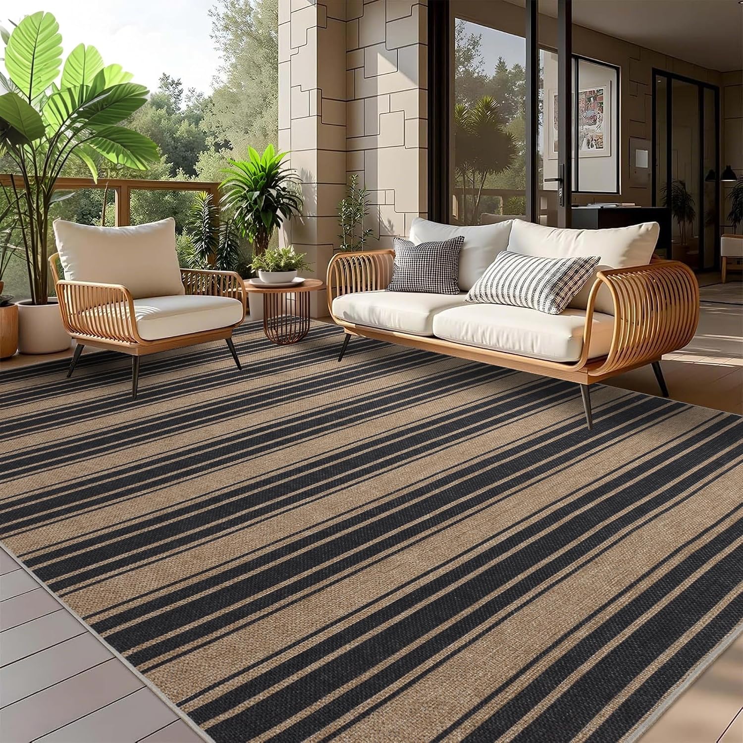 Striped Neutral Jute Outdoor Rug