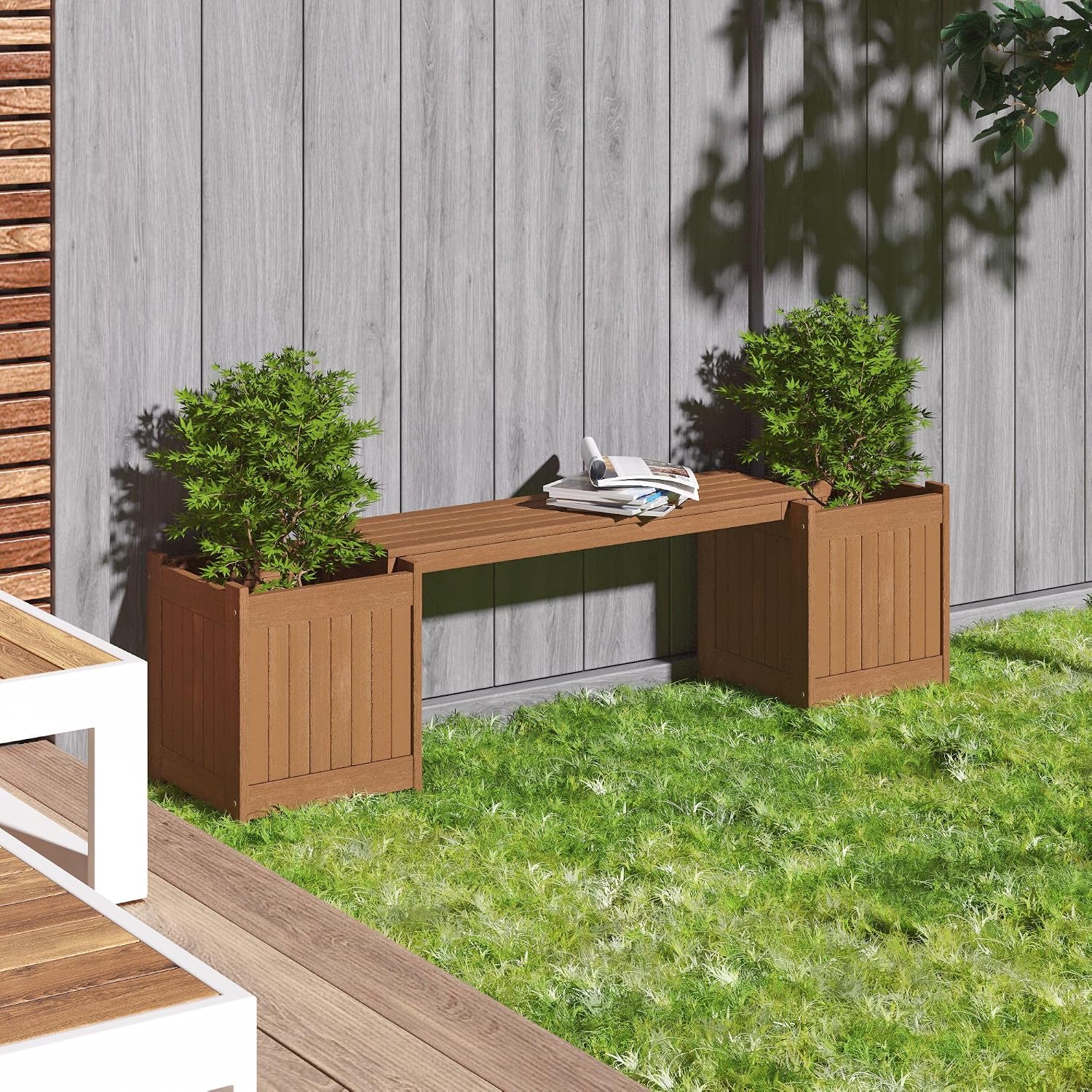 Wood Planter Stand With Bench