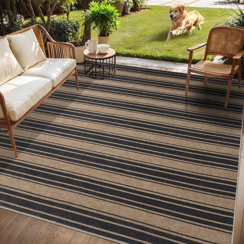 Striped Neutral Jute Outdoor Rug