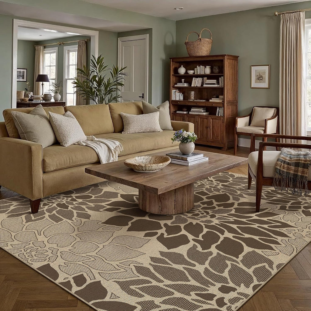 Brown Floral Jute Outdoor Rug