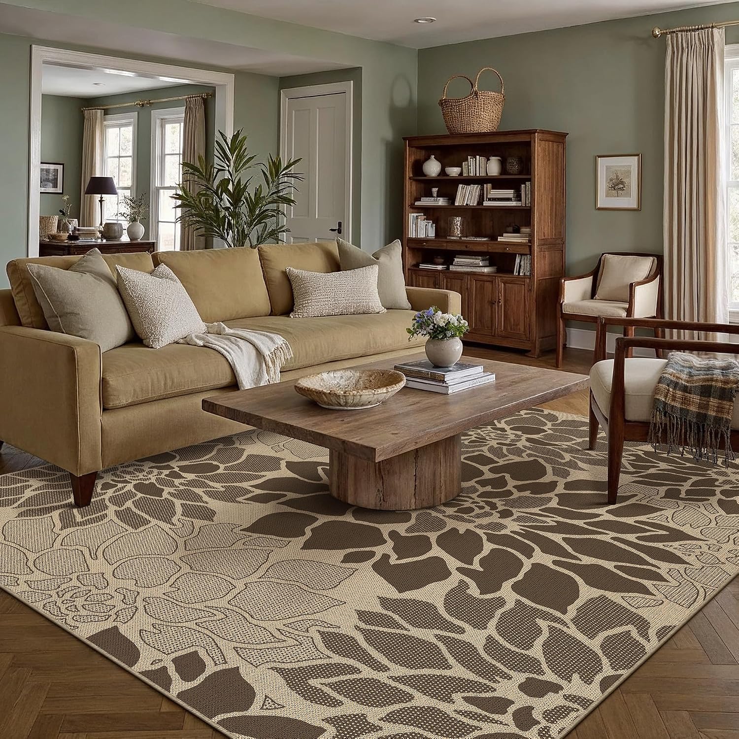 Brown Floral Jute Outdoor Rug