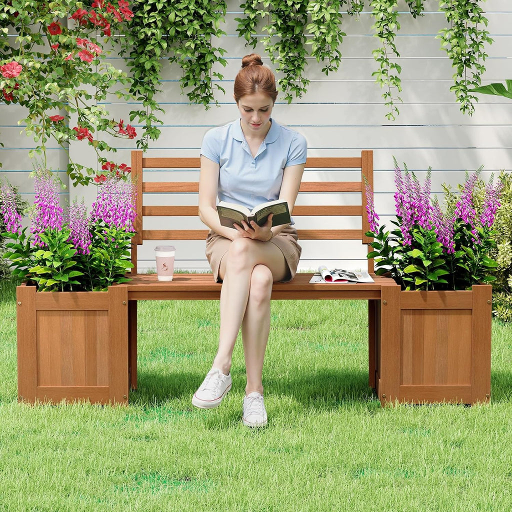 Wood Bench With Raised Planters