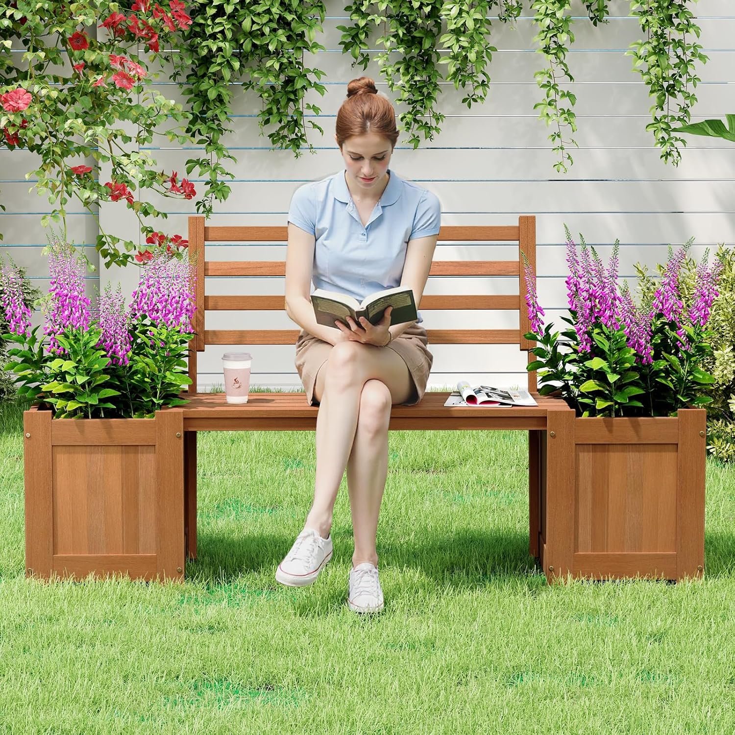 Wood Bench With Raised Planters