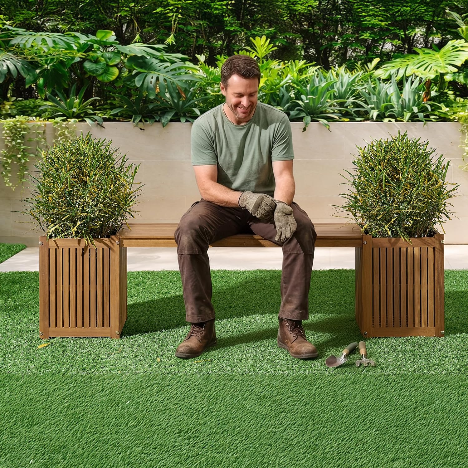 Acacia Wood Bench with Planter Boxes