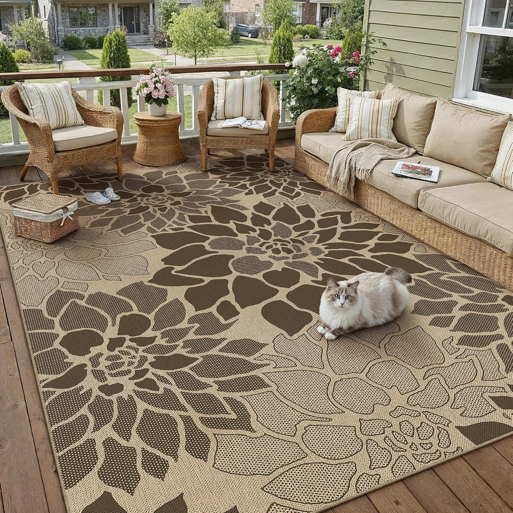 Brown Floral Jute Outdoor Rug