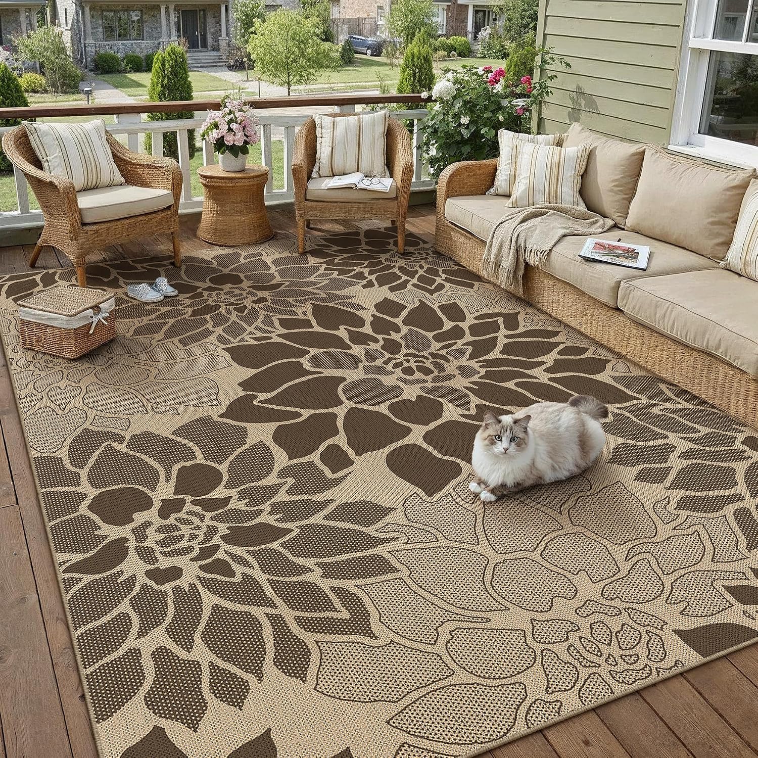 Brown Floral Jute Outdoor Rug