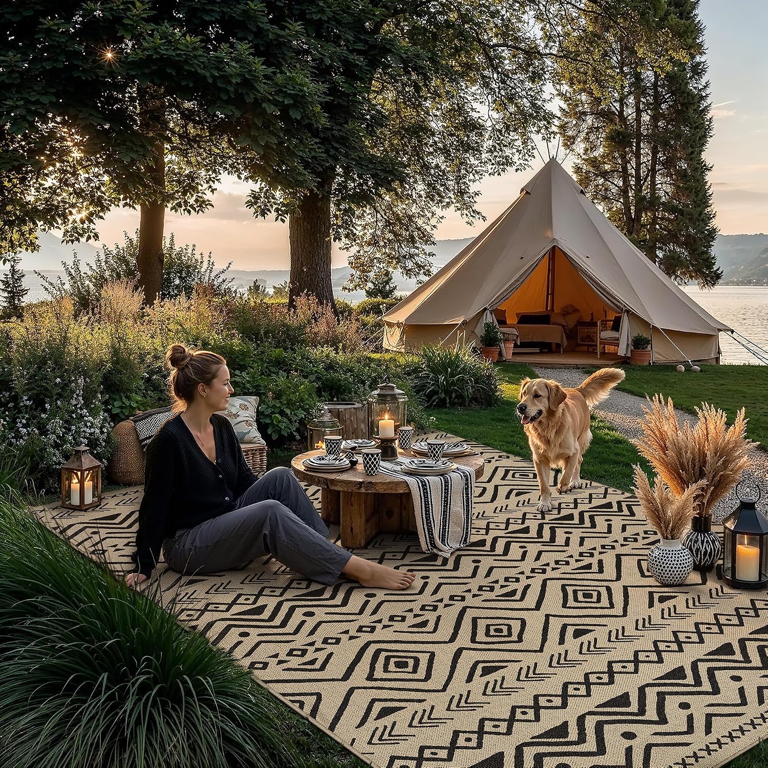 Boho Black Jute Outdoor Rug