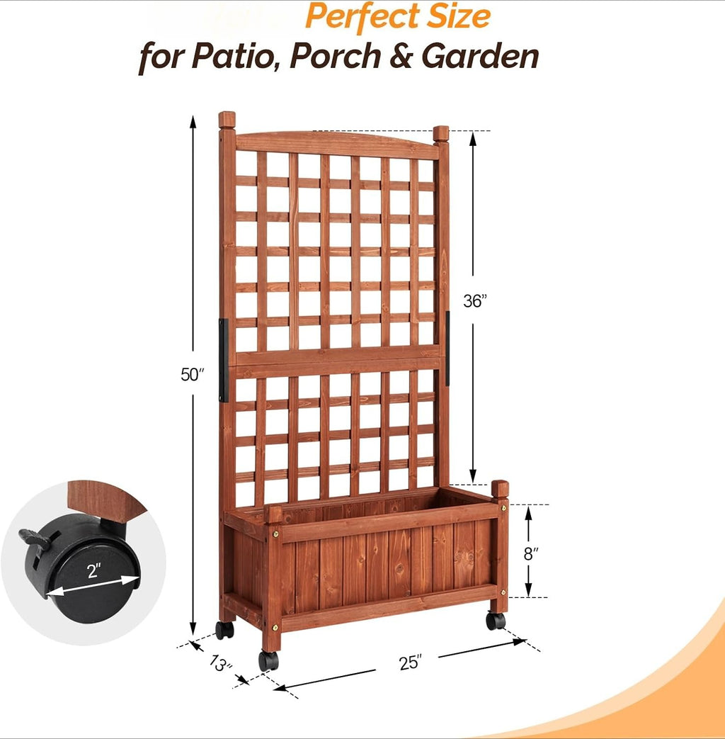 Wooden Wheeled Planter with Trellis